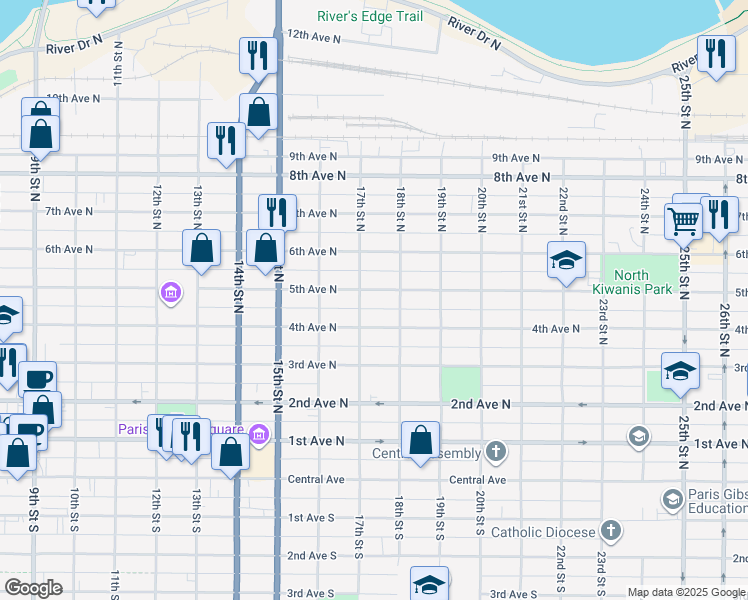 map of restaurants, bars, coffee shops, grocery stores, and more near 1711 5th Avenue North in Great Falls