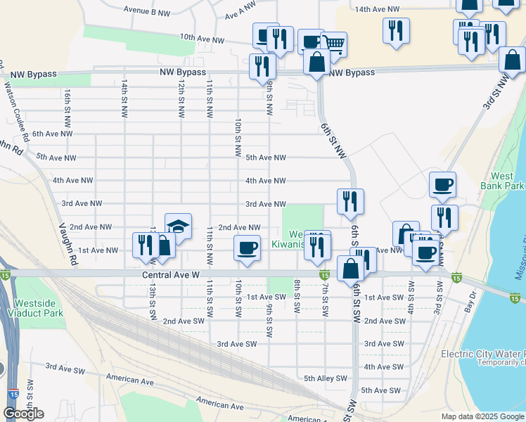 map of restaurants, bars, coffee shops, grocery stores, and more near 315 9th Street Northwest in Great Falls