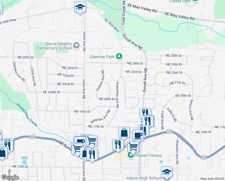 map of restaurants, bars, coffee shops, grocery stores, and more near 2113 Anacortes Avenue Northeast in Renton