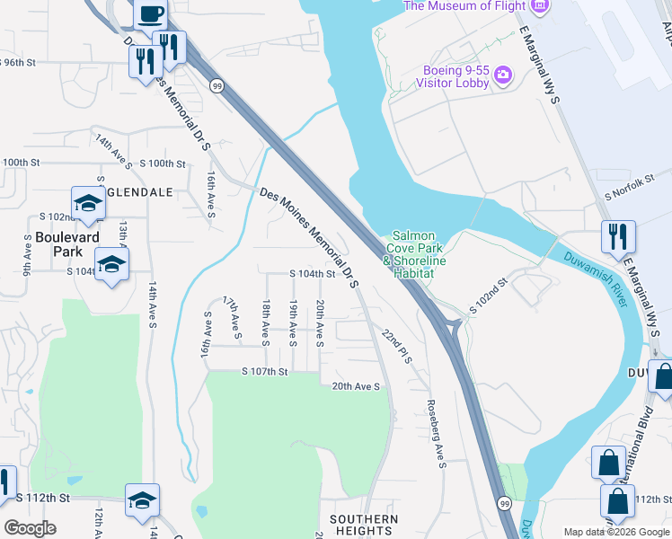 map of restaurants, bars, coffee shops, grocery stores, and more near 10311 Des Moines Memorial Drive in Seattle