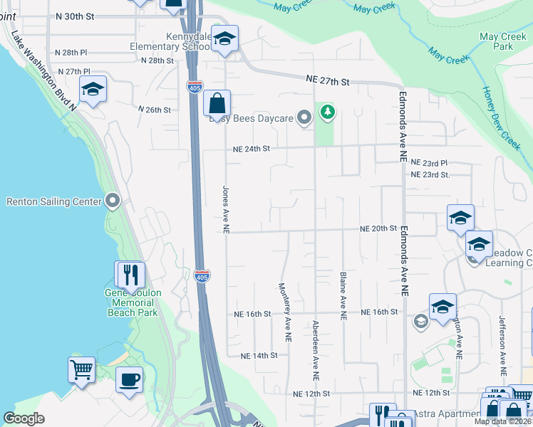 map of restaurants, bars, coffee shops, grocery stores, and more near 1828 Northeast 20th Street in Renton