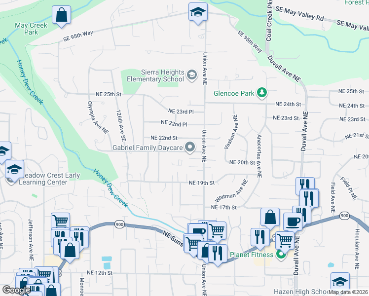map of restaurants, bars, coffee shops, grocery stores, and more near 3918 Northeast 21st Street in Renton