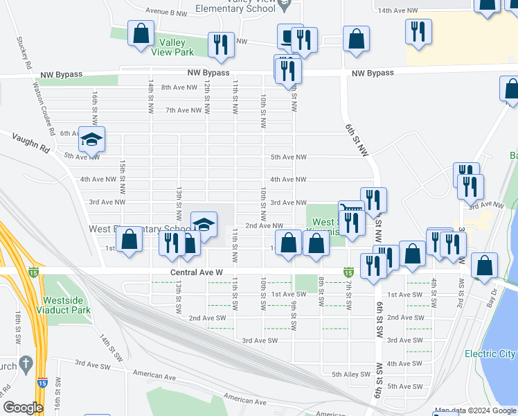 map of restaurants, bars, coffee shops, grocery stores, and more near 1000 3rd Avenue Northwest in Great Falls