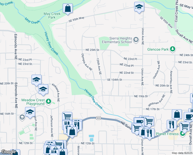 map of restaurants, bars, coffee shops, grocery stores, and more near 12504 Southeast 104th Street in Renton