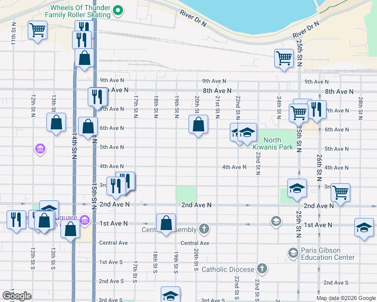map of restaurants, bars, coffee shops, grocery stores, and more near 1916 5th Avenue North in Great Falls