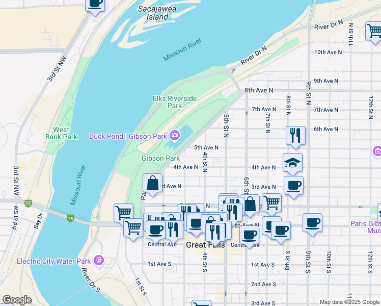 map of restaurants, bars, coffee shops, grocery stores, and more near 405 Park Drive North in Great Falls
