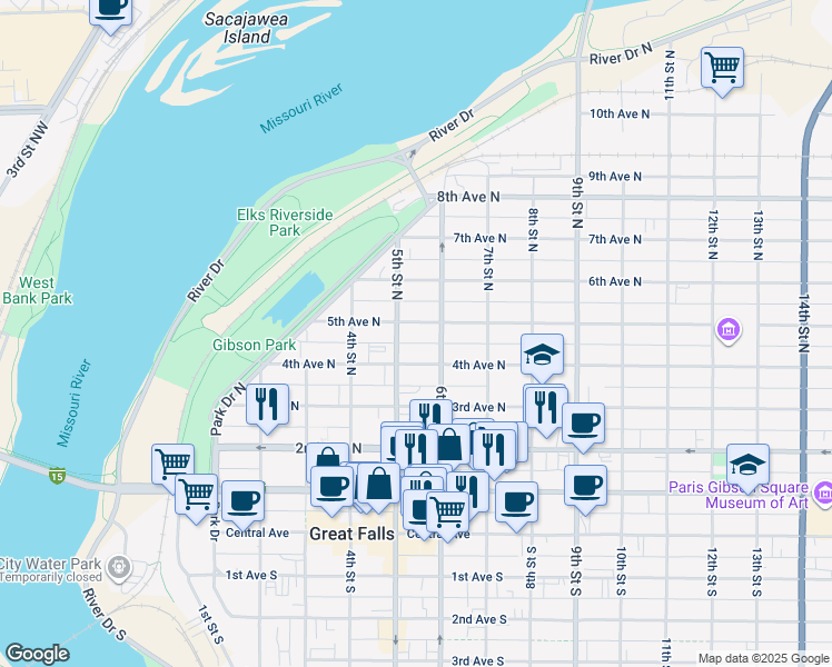 map of restaurants, bars, coffee shops, grocery stores, and more near 505 5th Avenue North in Great Falls