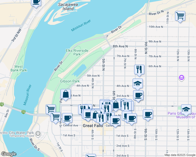 map of restaurants, bars, coffee shops, grocery stores, and more near 415 5th Ave N in Great Falls