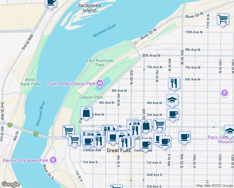 map of restaurants, bars, coffee shops, grocery stores, and more near 317 5th Avenue North in Great Falls