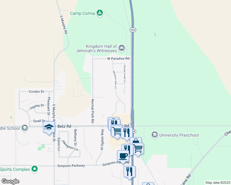 map of restaurants, bars, coffee shops, grocery stores, and more near 3216 Meadow Glen Lane in Cheney