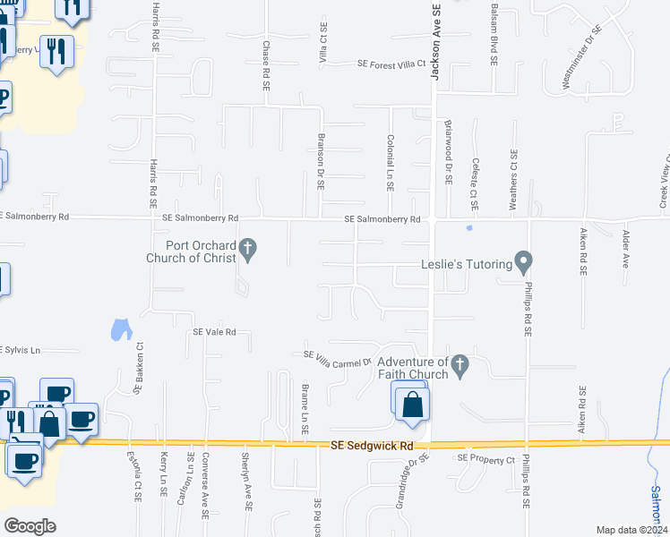 map of restaurants, bars, coffee shops, grocery stores, and more near 2865 Southeast Calaveras in Port Orchard