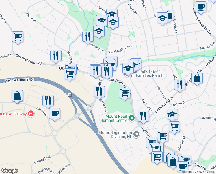 map of restaurants, bars, coffee shops, grocery stores, and more near 74 Old Placentia Road in Mount Pearl