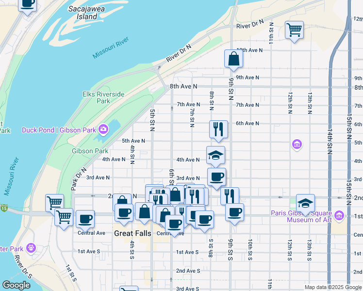 map of restaurants, bars, coffee shops, grocery stores, and more near 601 5th Avenue North in Great Falls