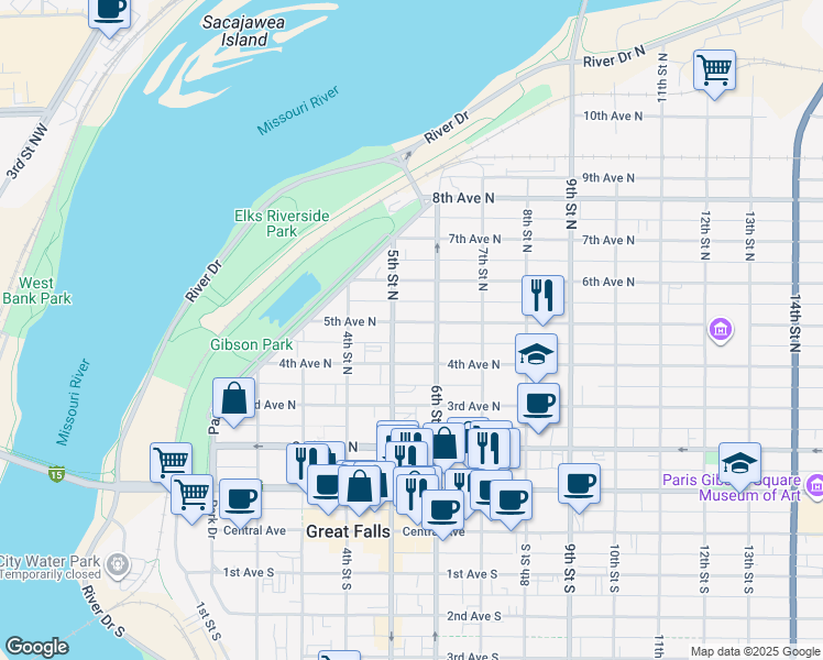 map of restaurants, bars, coffee shops, grocery stores, and more near 505 5th Avenue North in Great Falls