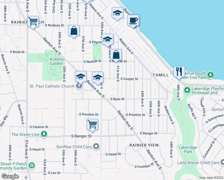 map of restaurants, bars, coffee shops, grocery stores, and more near 10021 61st Avenue South in Seattle