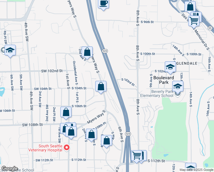 map of restaurants, bars, coffee shops, grocery stores, and more near 10310 Aqua Way South in Seattle