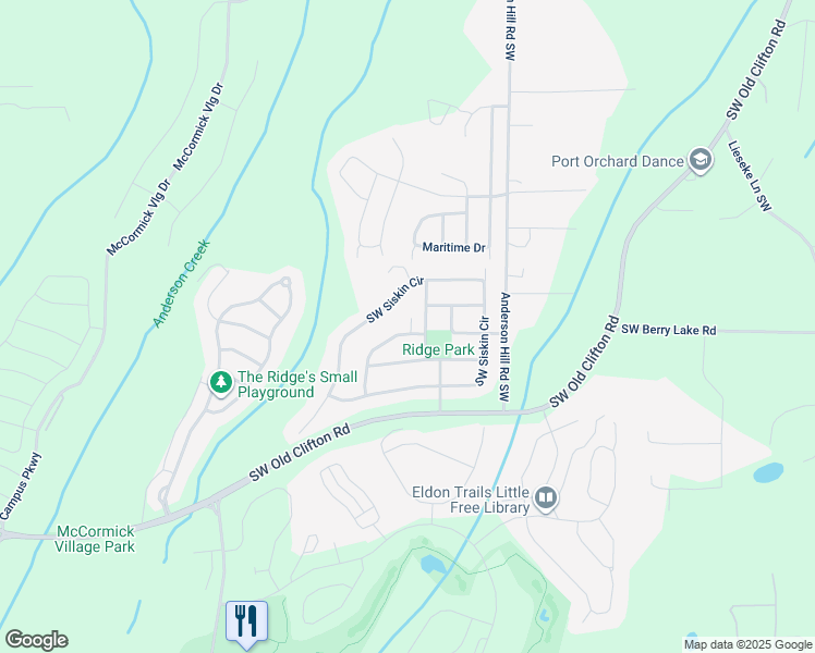 map of restaurants, bars, coffee shops, grocery stores, and more near 2441 Southwest Siskin Circle in Port Orchard