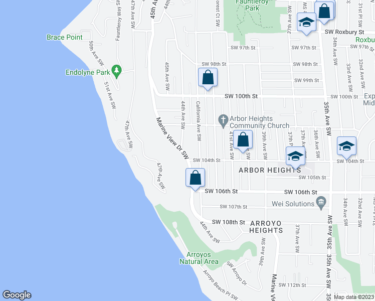 map of restaurants, bars, coffee shops, grocery stores, and more near 10254 Marine View Drive Southwest in Seattle