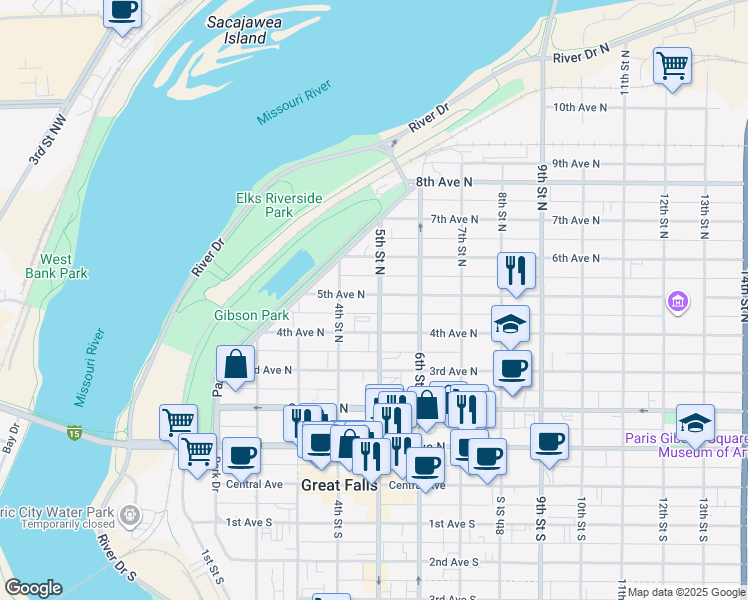 map of restaurants, bars, coffee shops, grocery stores, and more near 415 5th Ave N in Great Falls