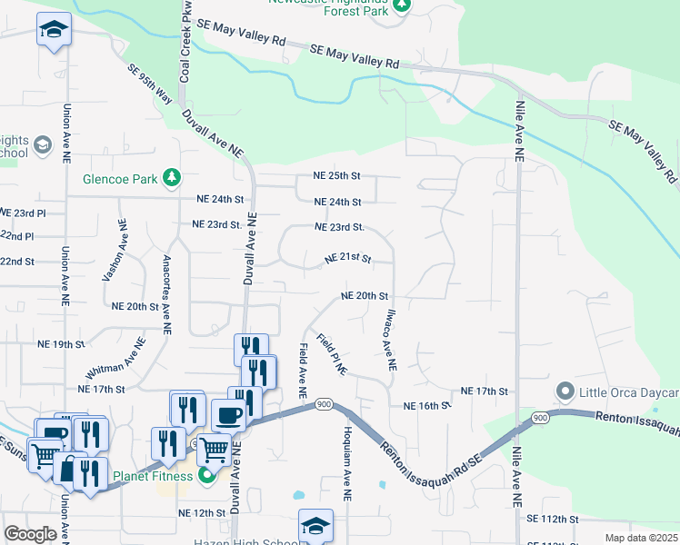 map of restaurants, bars, coffee shops, grocery stores, and more near 5035 Northeast 21st Street in Renton