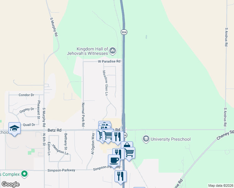 map of restaurants, bars, coffee shops, grocery stores, and more near 3209 Thistle Creek Lane in Cheney