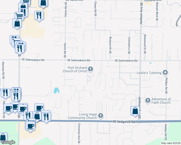 map of restaurants, bars, coffee shops, grocery stores, and more near 4135 Carr Lane Southeast in Port Orchard