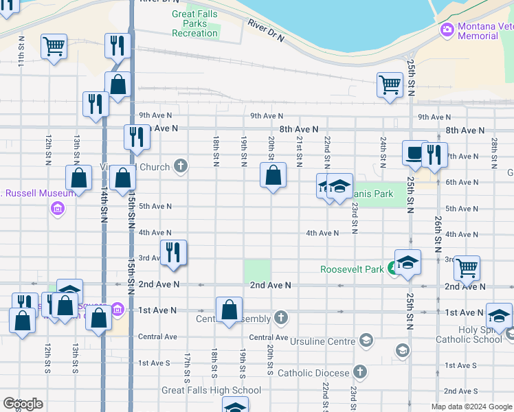 map of restaurants, bars, coffee shops, grocery stores, and more near 503 19th Street North in Great Falls