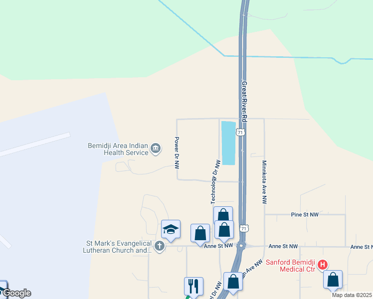 map of restaurants, bars, coffee shops, grocery stores, and more near 4228 Power Drive Northwest in Bemidji