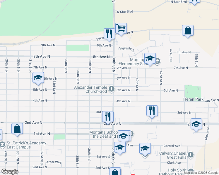 map of restaurants, bars, coffee shops, grocery stores, and more near 505 38th St N in Great Falls