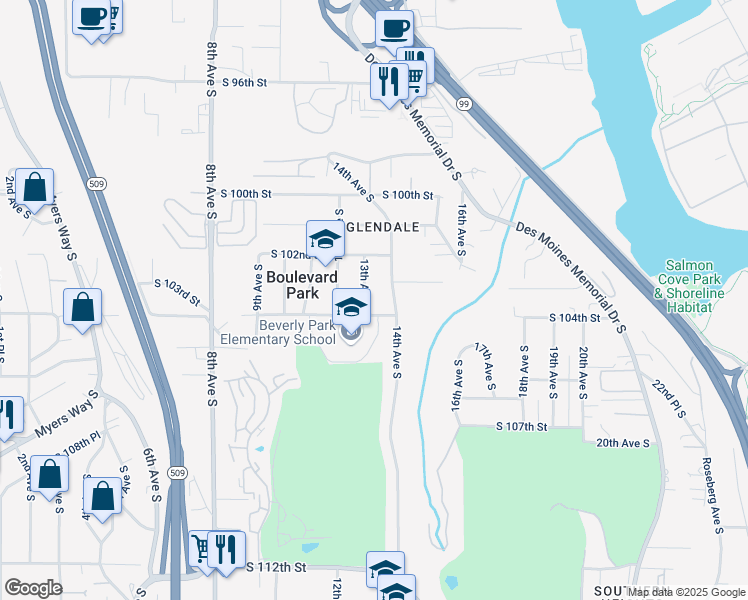 map of restaurants, bars, coffee shops, grocery stores, and more near 10239 14th Avenue South in Burien