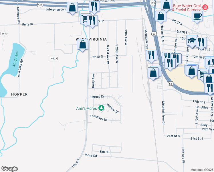 map of restaurants, bars, coffee shops, grocery stores, and more near 5417 South 21st Avenue West in Virginia