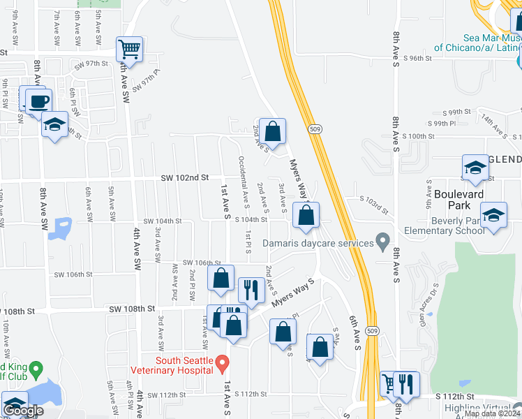 map of restaurants, bars, coffee shops, grocery stores, and more near 10249 2nd Avenue South in Seattle