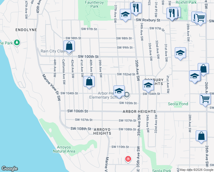 map of restaurants, bars, coffee shops, grocery stores, and more near 10241 38th Avenue Southwest in Seattle