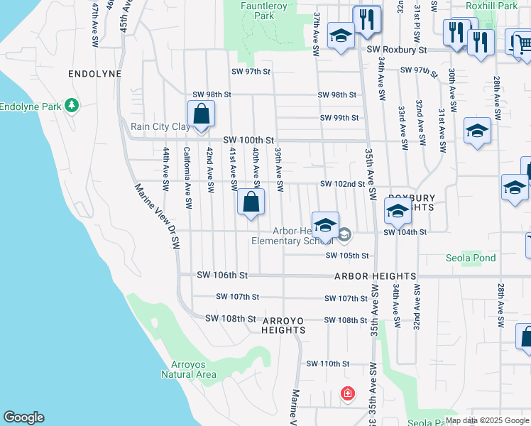 map of restaurants, bars, coffee shops, grocery stores, and more near 10235 39th Avenue Southwest in Seattle