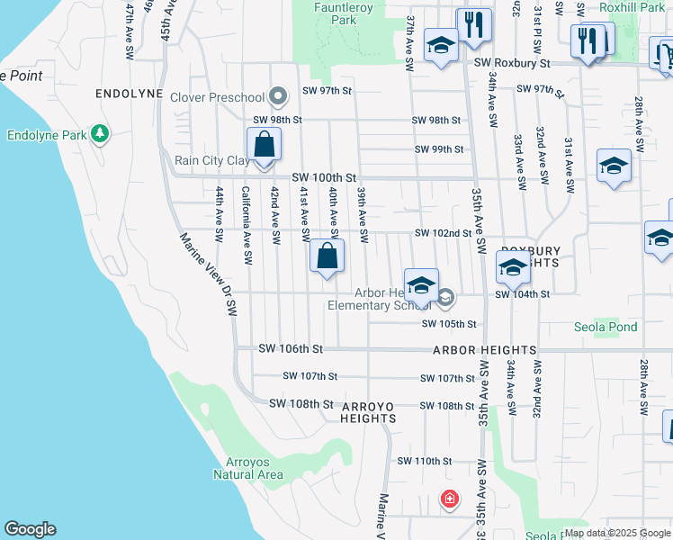 map of restaurants, bars, coffee shops, grocery stores, and more near 10233 40th Avenue Southwest in Seattle