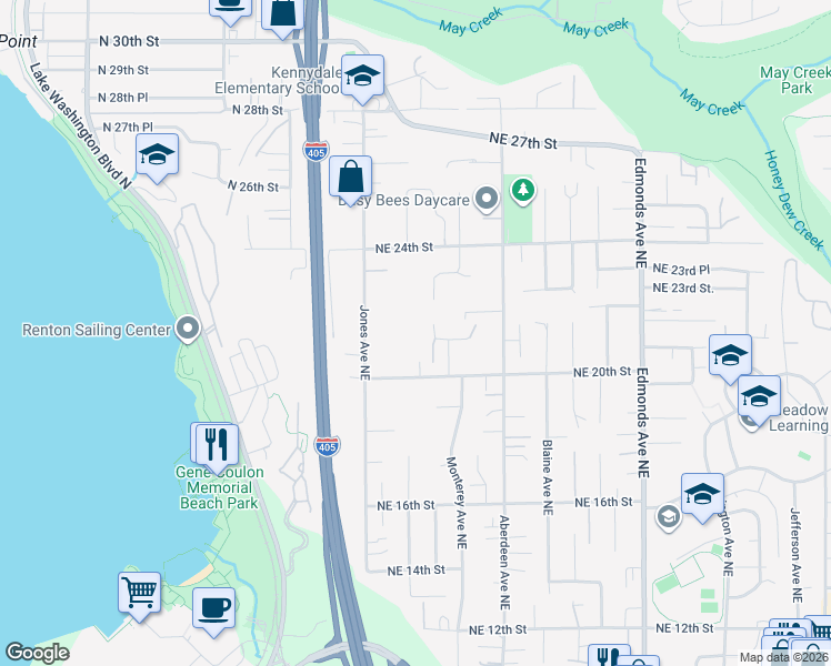 map of restaurants, bars, coffee shops, grocery stores, and more near 1828 Northeast 20th Street in Renton