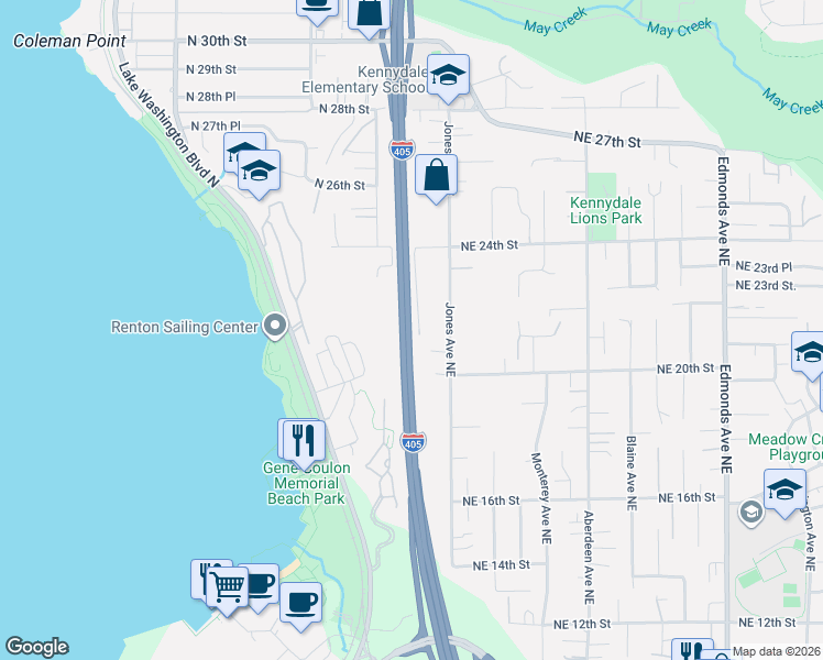 map of restaurants, bars, coffee shops, grocery stores, and more near 2116 High Avenue Northeast in Renton