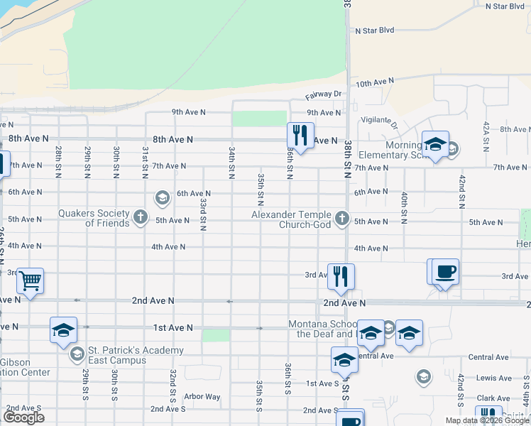map of restaurants, bars, coffee shops, grocery stores, and more near 3518 6th Avenue North in Great Falls
