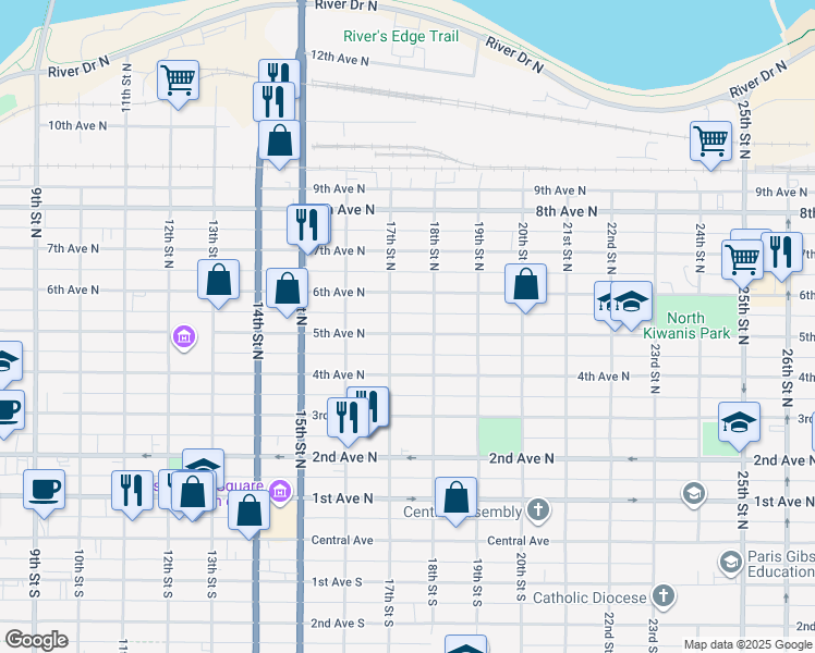map of restaurants, bars, coffee shops, grocery stores, and more near 1711 5th Avenue North in Great Falls
