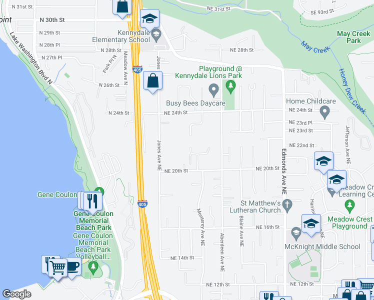 map of restaurants, bars, coffee shops, grocery stores, and more near 2109 Kennewick Place Northeast in Renton