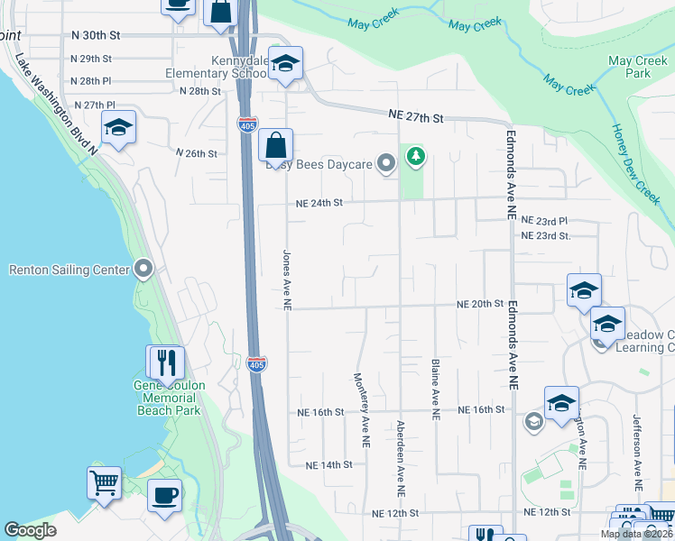 map of restaurants, bars, coffee shops, grocery stores, and more near 1828 Northeast 20th Street in Renton