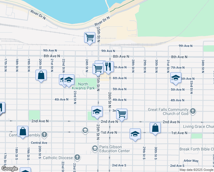 map of restaurants, bars, coffee shops, grocery stores, and more near 514 26th Street North in Great Falls