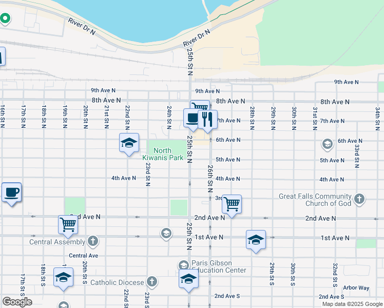 map of restaurants, bars, coffee shops, grocery stores, and more near 517 25th Street North in Great Falls