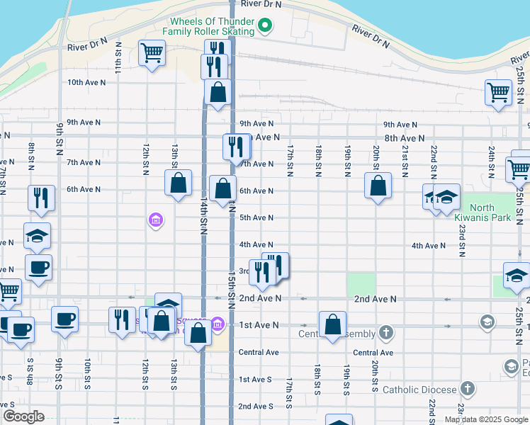 map of restaurants, bars, coffee shops, grocery stores, and more near 1613 5th Avenue North in Great Falls
