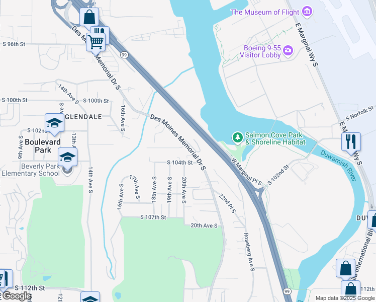 map of restaurants, bars, coffee shops, grocery stores, and more near 10311 Des Moines Memorial Drive in Seattle