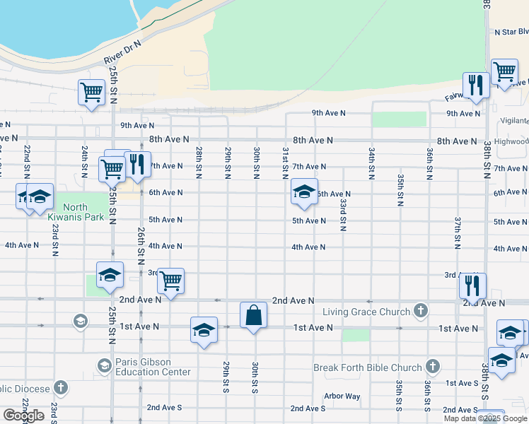 map of restaurants, bars, coffee shops, grocery stores, and more near 3005 5th Ave N in Great Falls