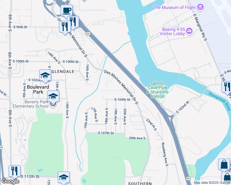 map of restaurants, bars, coffee shops, grocery stores, and more near 1827 South 103rd Street in Seattle