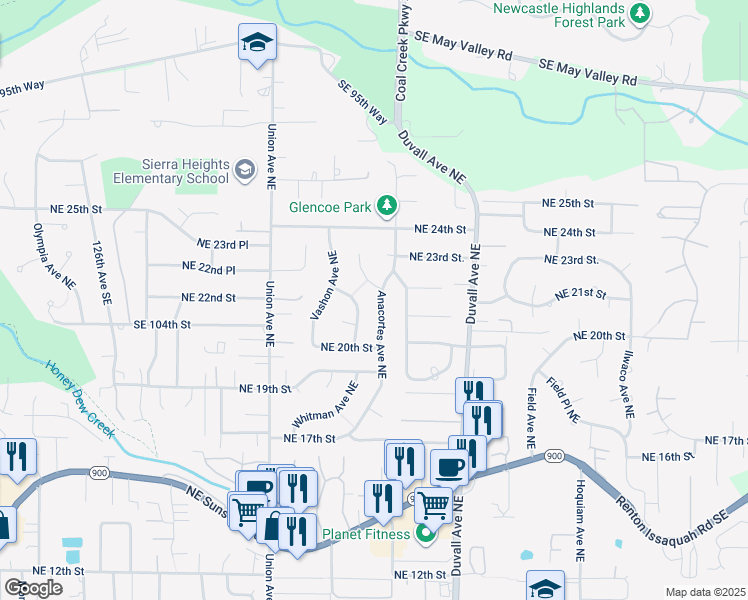map of restaurants, bars, coffee shops, grocery stores, and more near 2113 Anacortes Avenue Northeast in Renton