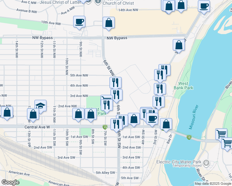 map of restaurants, bars, coffee shops, grocery stores, and more near 601 3rd Avenue Northwest in Great Falls