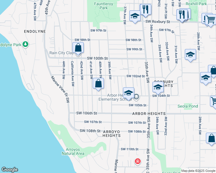 map of restaurants, bars, coffee shops, grocery stores, and more near 10235 39th Avenue Southwest in Seattle